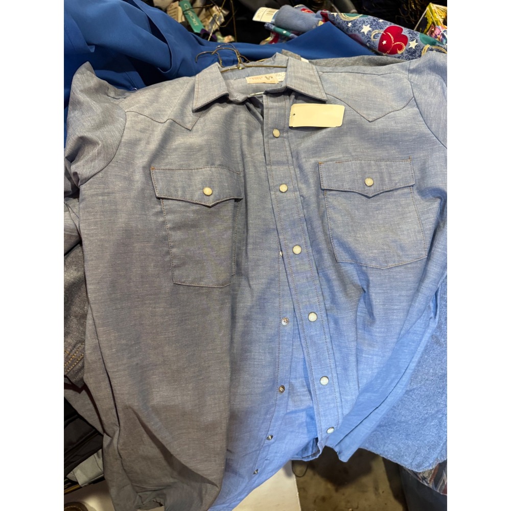 Vintage Saddle King Tall Western Pearl Snap Shirt Blue Short Sleeve Mens 16.5 L